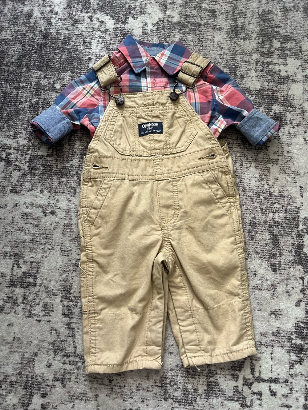 OshKosh B'gosh Khaki Tan Baby Overalls with Plaid Shirt
